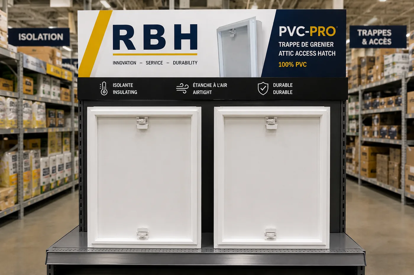 Présentoir Groupe RBH avec deux trappes de grenier PVC-PRO dans l'allée isolation d'une quincaillerie